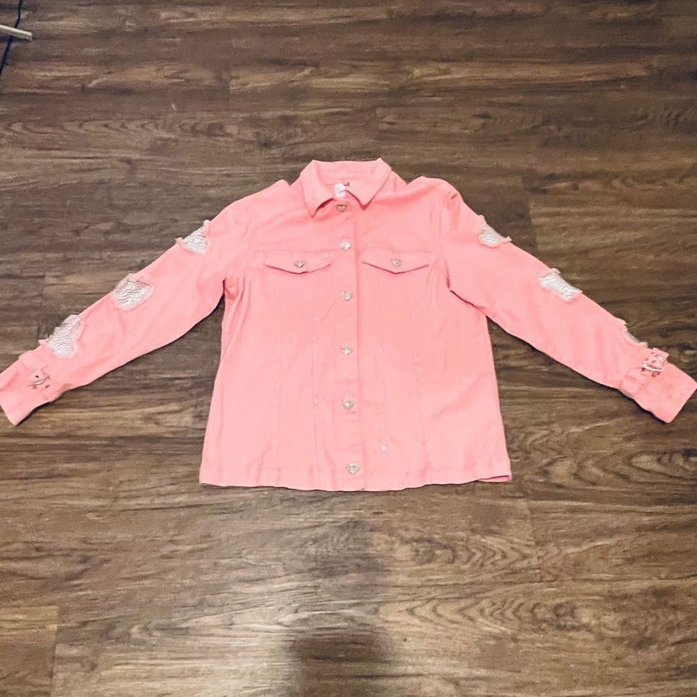 Quacker Factory Denim Button Down Jacket Distressed Rhinestone Hearts Pink S - Picture 11 of 15